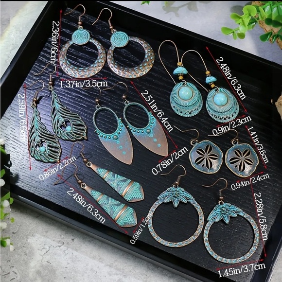 7 Pairs Turquoise Boho Rustic Geometric Earrings - Picture 2 of 9